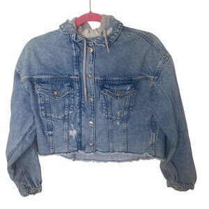 American‎ Eagle Hoodie Crop Denim Jacket Womens XS Blue Distressed Layering